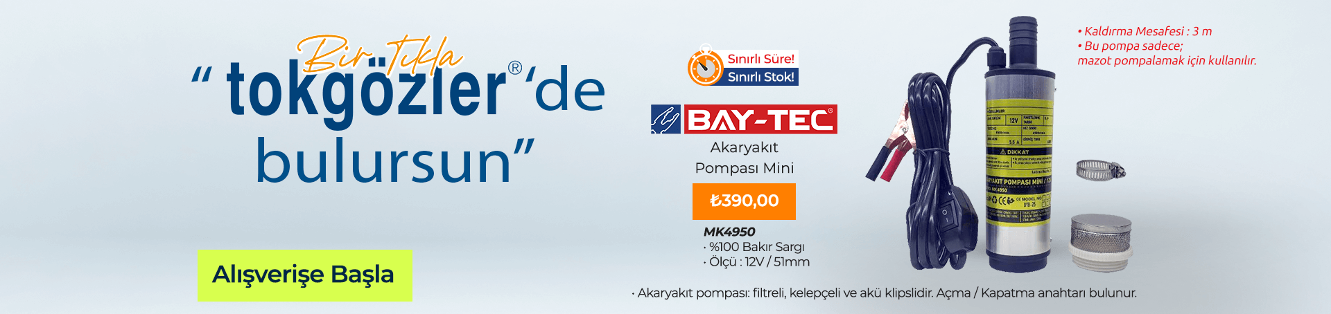 B1000387 - 04.09.2024 - Bay-Tec MK4950 Akaryakıt Pompası Mini 12V 51mm