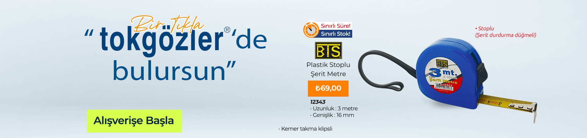 B1000471 - 18.06.2025 - BTS 12343 Plastik Stoplu Şerit Metre 3 mt. (3 mt. x 16 mm)