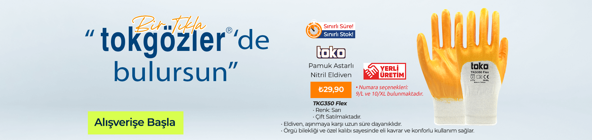 B1000475 - 09.07.2025 - Toko TKG350 Flex Sarı Pamuk Nitril Eldiven