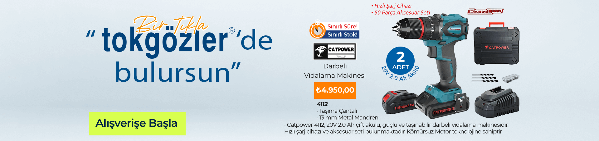 B1000481 - 30.07.2025 - Catpower 4112 Kömürsüz 20V 2.0 Ah Çift Akülü Darbeli Vidalama Makinesi