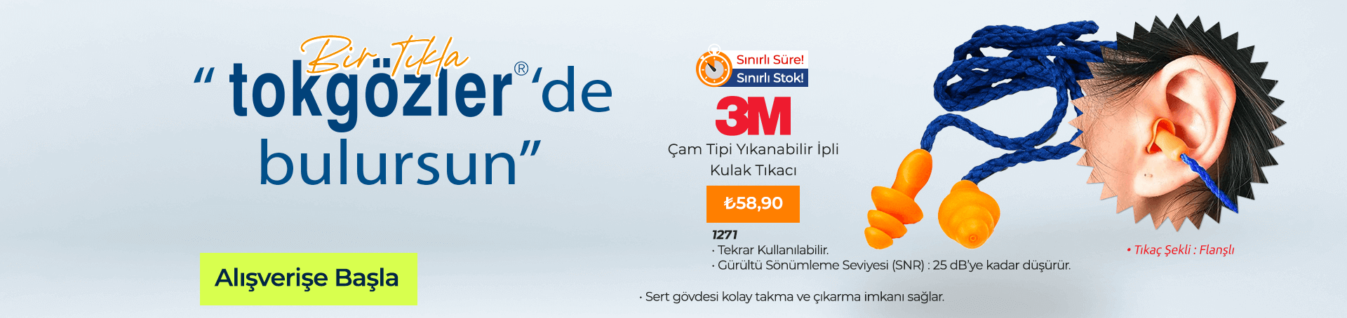 B1000495 - 17.09.2025 - 3M 1271 Çam Tipi Yıkanabilir İpli Kulak Tıkacı 25 dB