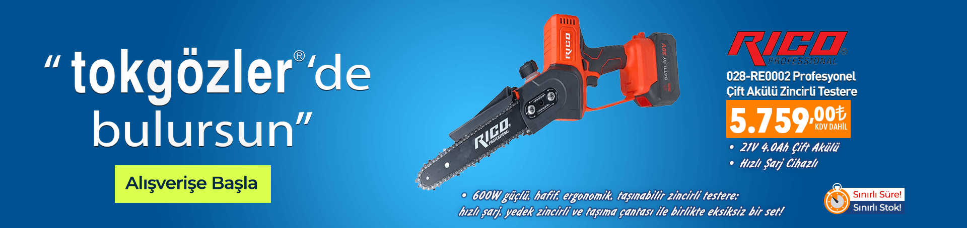 B1000502 - 12.10.2025 -Rico 028-RE0002 Profesyonel 21V 4.0Ah Çift Akülü Zincirli Testere