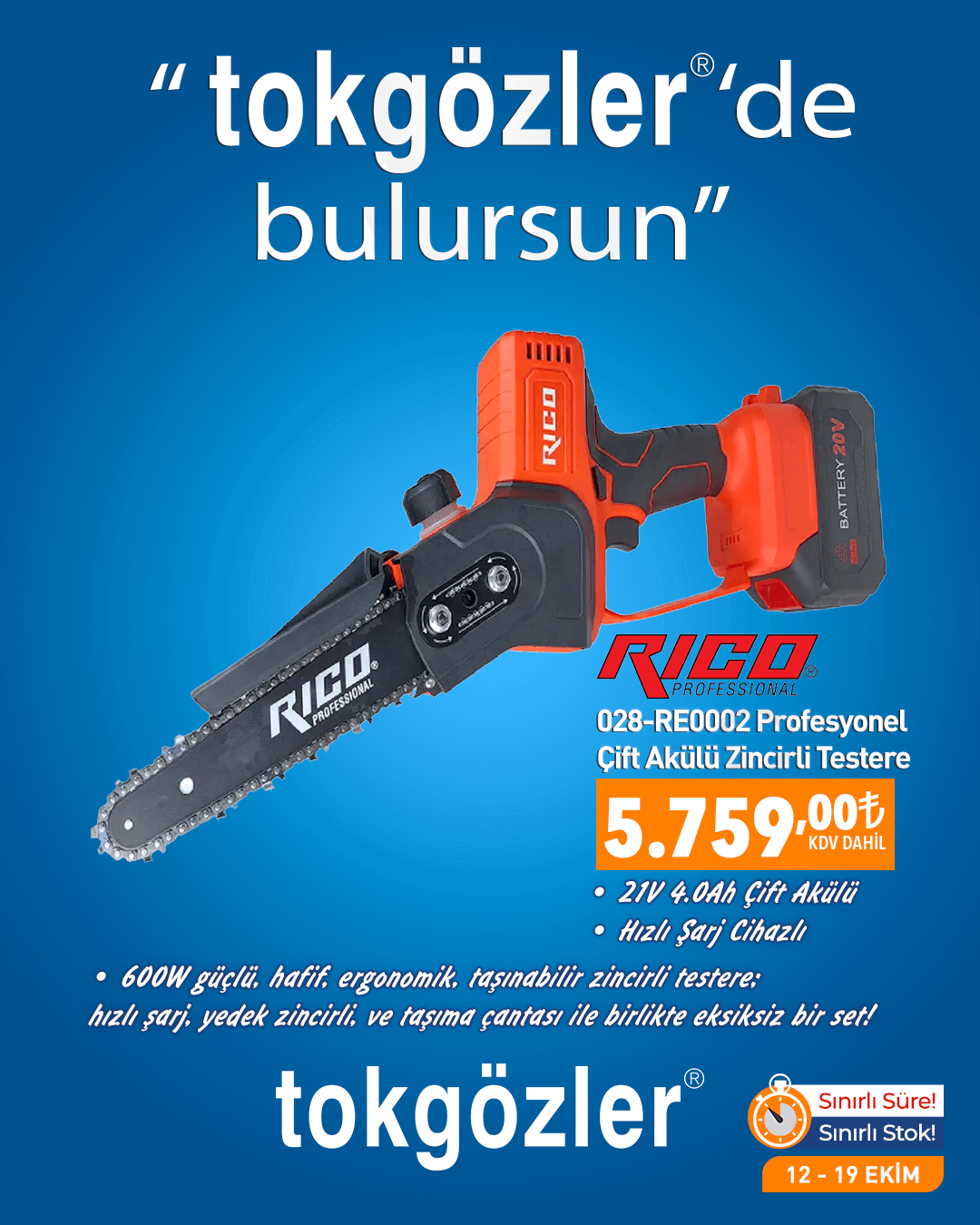 B1000502 - 12.10.2025 -Rico 028-RE0002 Profesyonel 21V 4.0Ah Çift Akülü Zincirli Testere