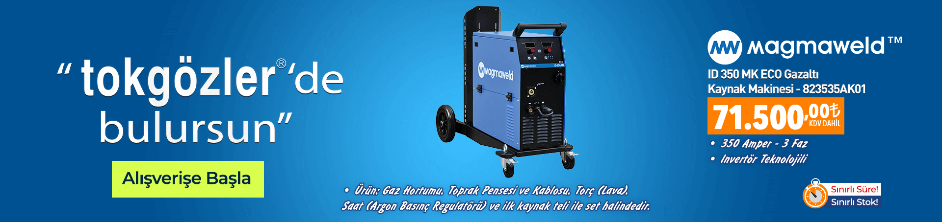 B1000503 - 15.10.2025 -Magmaweld ID 350 MK ECO 350 Amper Gazaltı (MIGMAG) Kaynak Makinesi 3 Faz Grubu 523535AK01