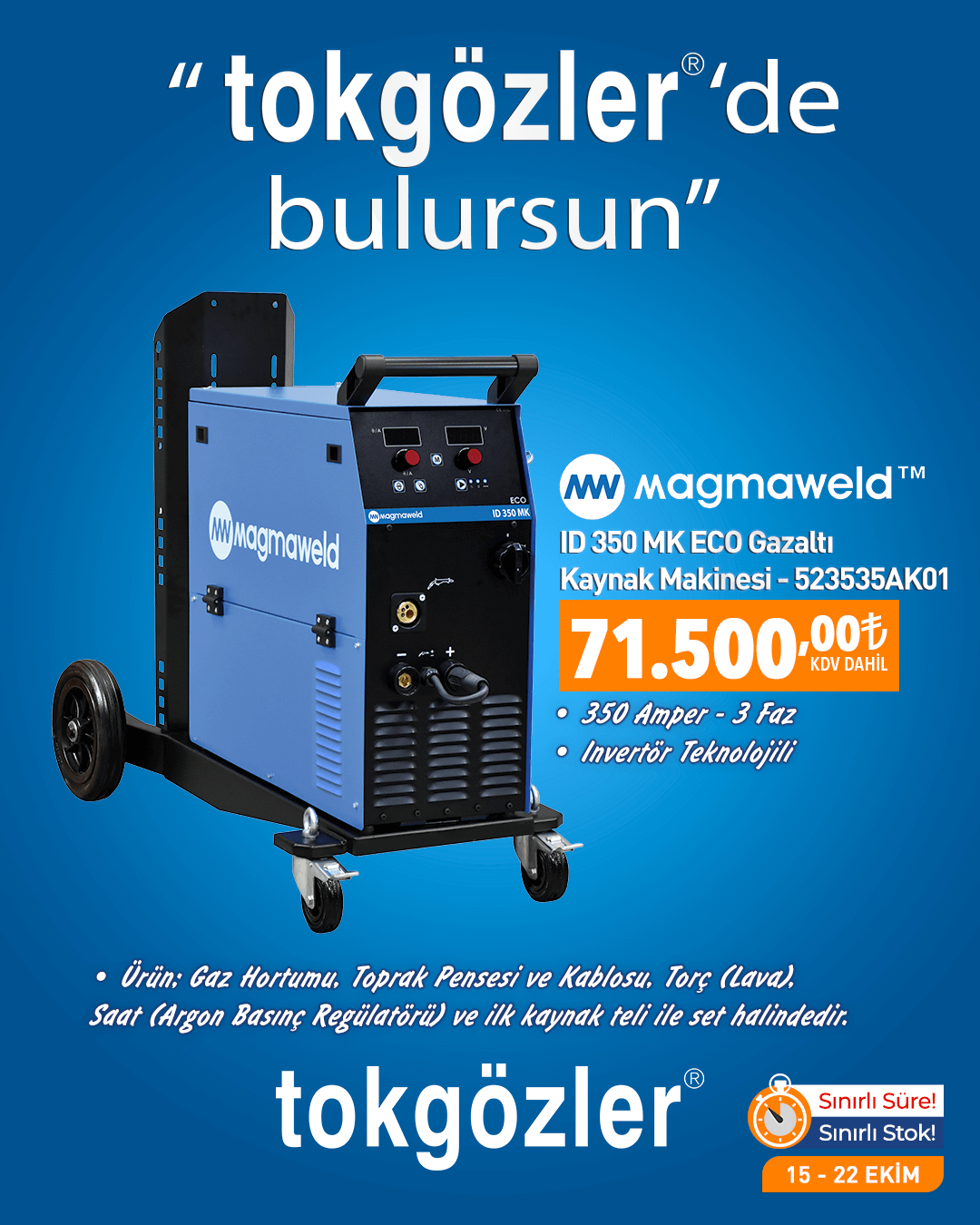 B1000503 - 15.10.2025 -Magmaweld ID 350 MK ECO 350 Amper Gazaltı (MIGMAG) Kaynak Makinesi 3 Faz Grubu 523535AK01