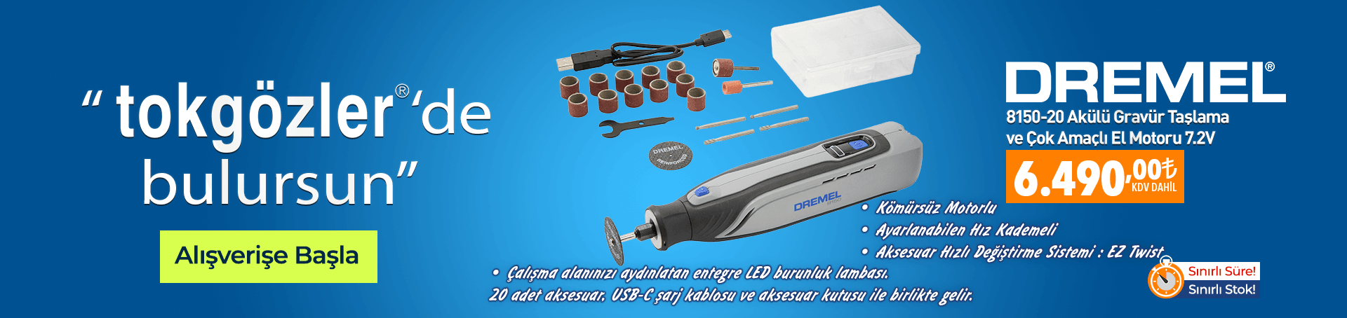 B1000568 - 26.04.2026 - Dremel 8150-20 Akülü Gravür Taşlama El Motoru 20 Parça Aksesuarlı - F0138150JA