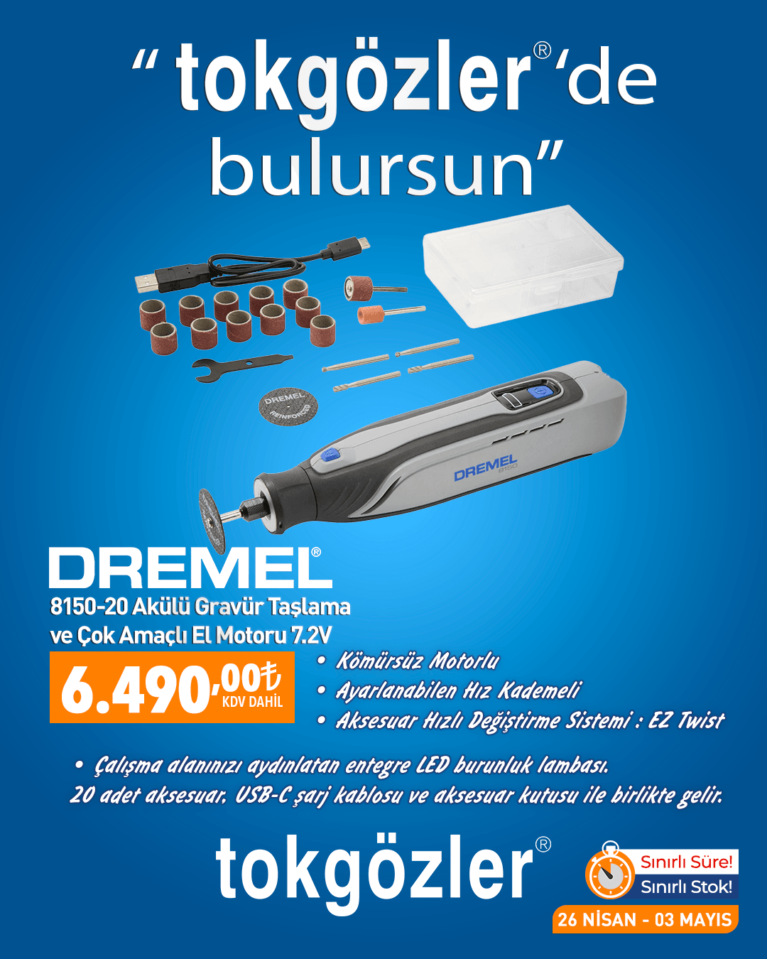 B1000568 - 26.04.2026 - Dremel 8150-20 Akülü Gravür Taşlama El Motoru 20 Parça Aksesuarlı - F0138150JA