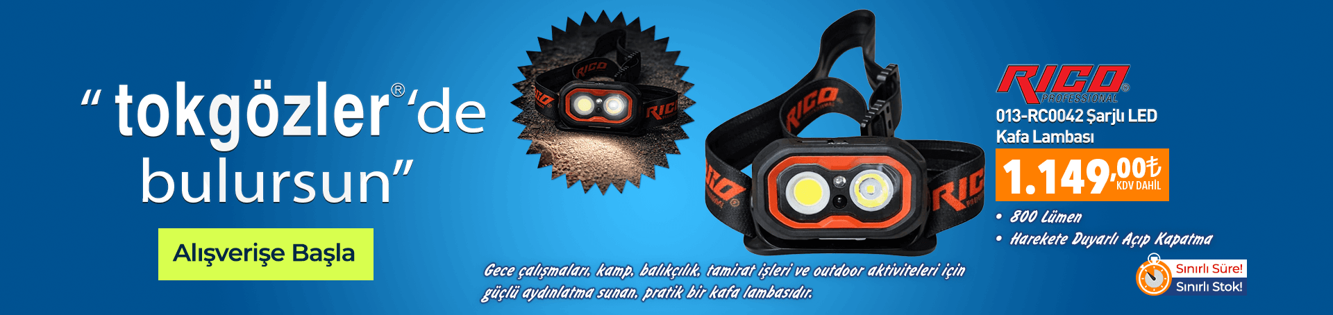 B1000570 - 03.05.2026 - Rico 013-RC0042 Şarjlı LED Kafa Lambası Hareket Sensörlü 800 Lümen