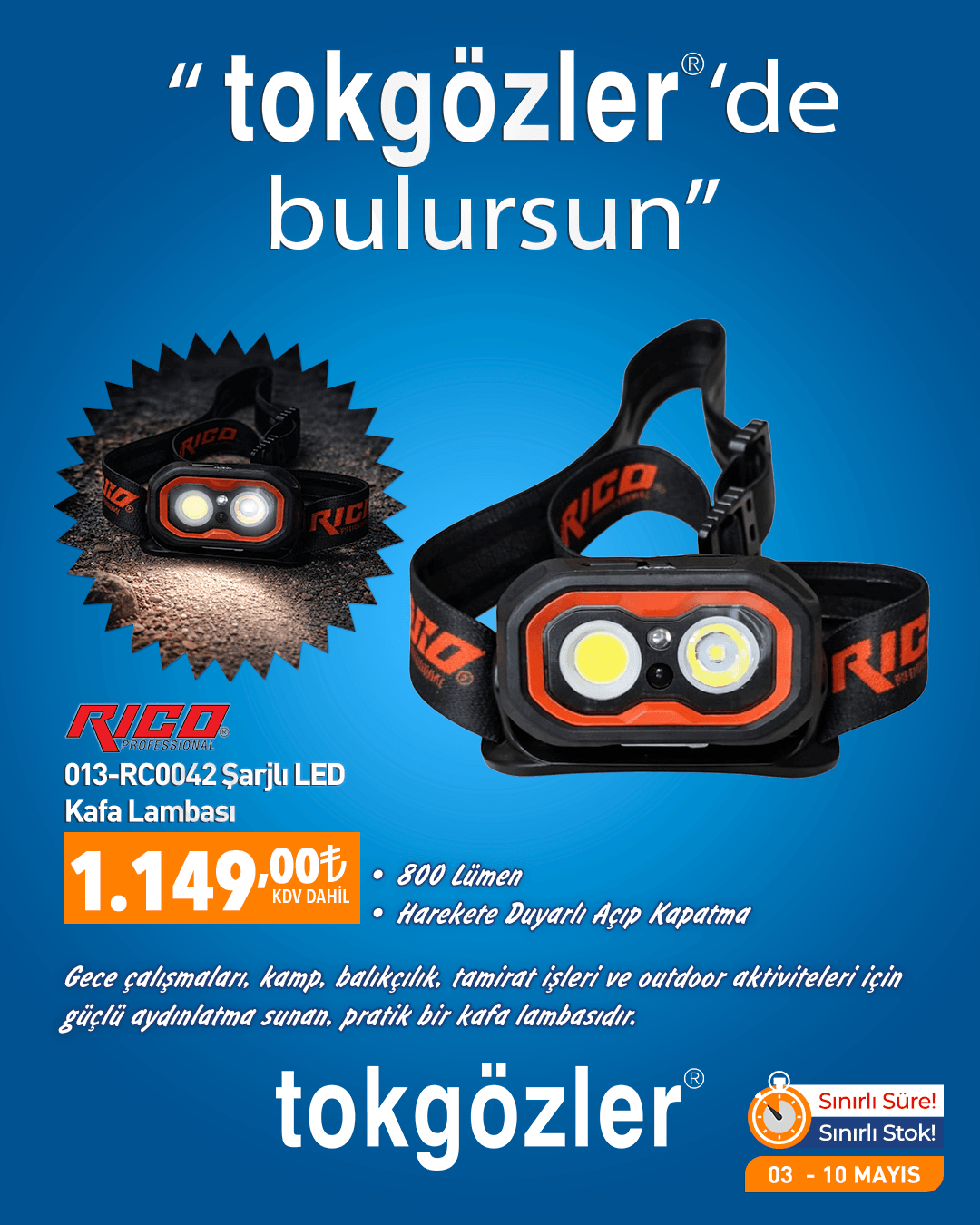 B1000570 - 03.05.2026 - Rico 013-RC0042 Şarjlı LED Kafa Lambası Hareket Sensörlü 800 Lümen