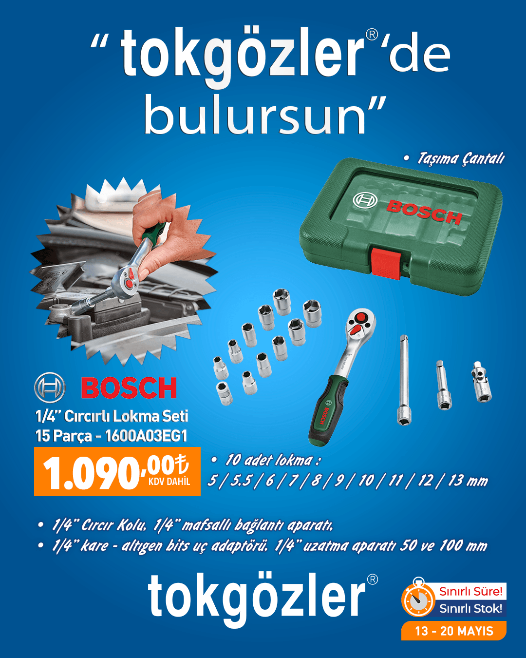 B1000573 - 13.05.2026 - Bosch 1-4 Cırcırlı Lokma Seti 15 Parça - 1600A03EG1