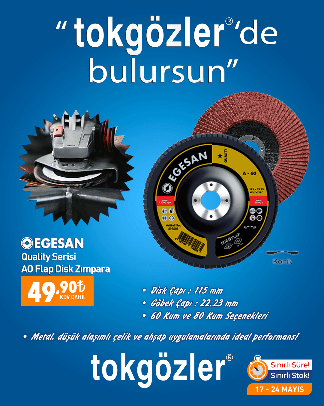 B1000574 - 17.05.2026 - Egesan 115x22.23 Quality Serisi AO Flap Disk Zımpara 60 Kum 590048