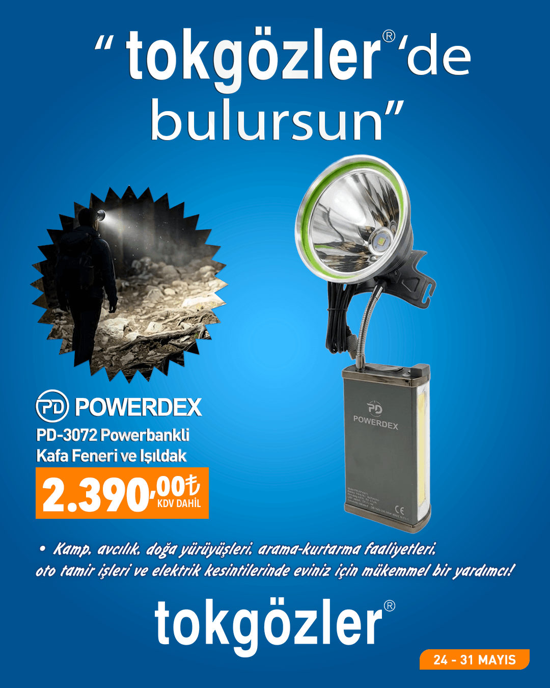 B1000576 - 24.05.2026 - Powerdex PD-3072 Powerbankli Kafa Feneri ve Işıldak