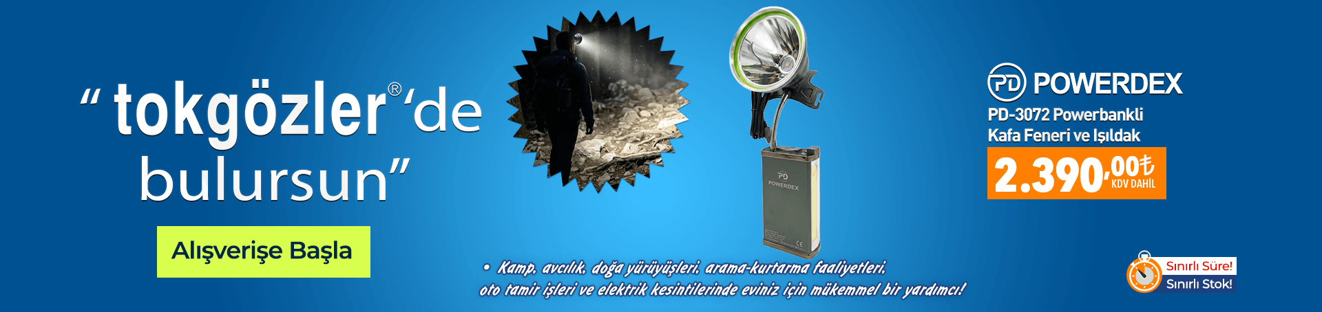 B1000576 - 24.05.2026 - Powerdex PD-3072 Powerbankli Kafa Feneri ve Işıldak