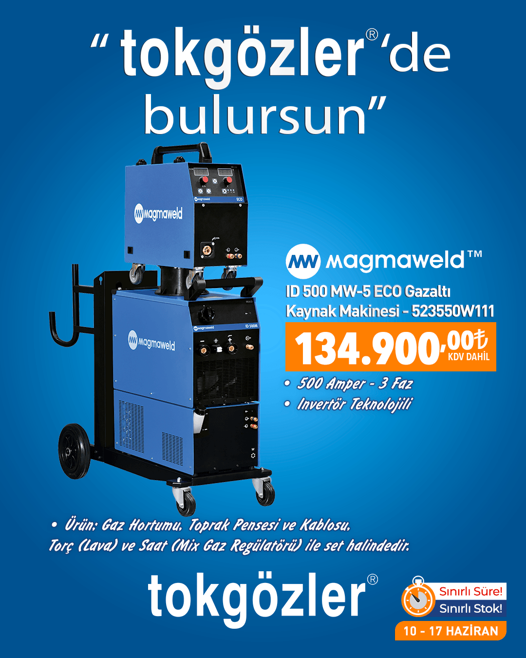 B1000581 - 10.06.2026 - Magmaweld ID 500 MW-5 ECO 500 Amper Gazaltı Kaynak Makinesi 3 Faz Grubu 523550W111