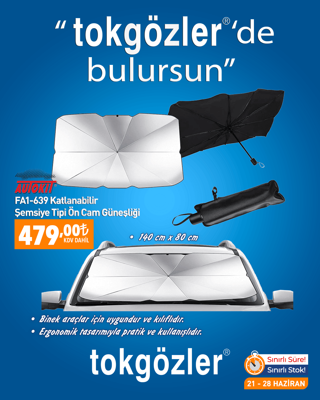 B1000583 - 21.06.2026 - Autokit FA1-639 Katlanabilir Şemsiye Tipi Ön Cam Güneşliği