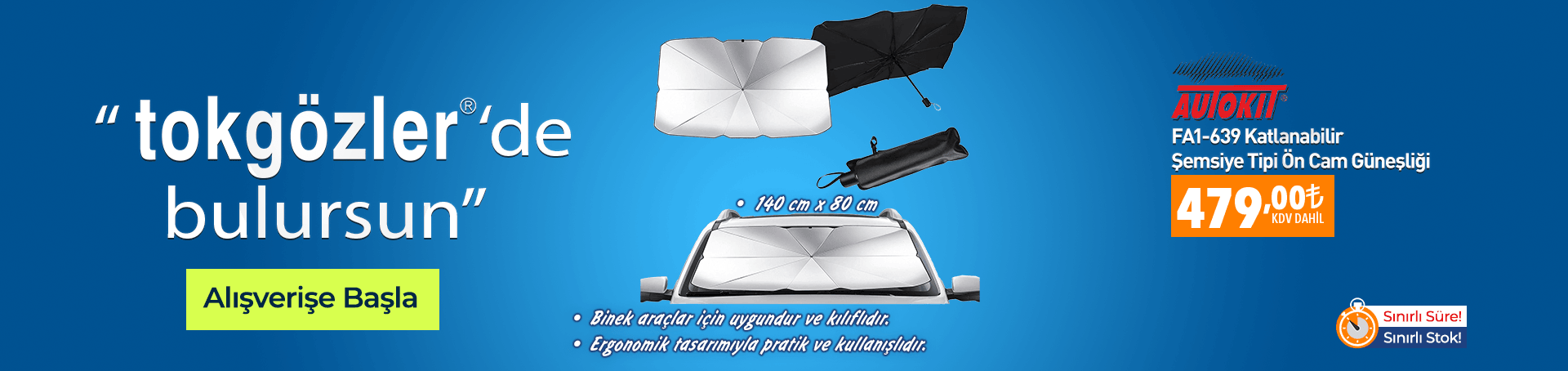 B1000583 - 21.06.2026 - Autokit FA1-639 Katlanabilir Şemsiye Tipi Ön Cam Güneşliği