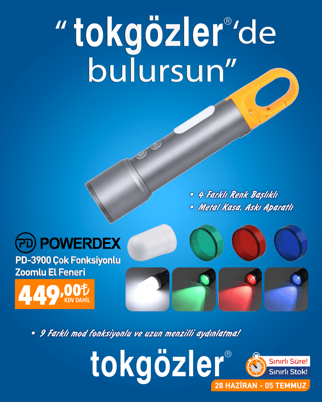 B1000585 - 28.06.2026 - Powerdex PD-3900 Çok Fonksiyonlu Zoomlu Şarjlı El Feneri