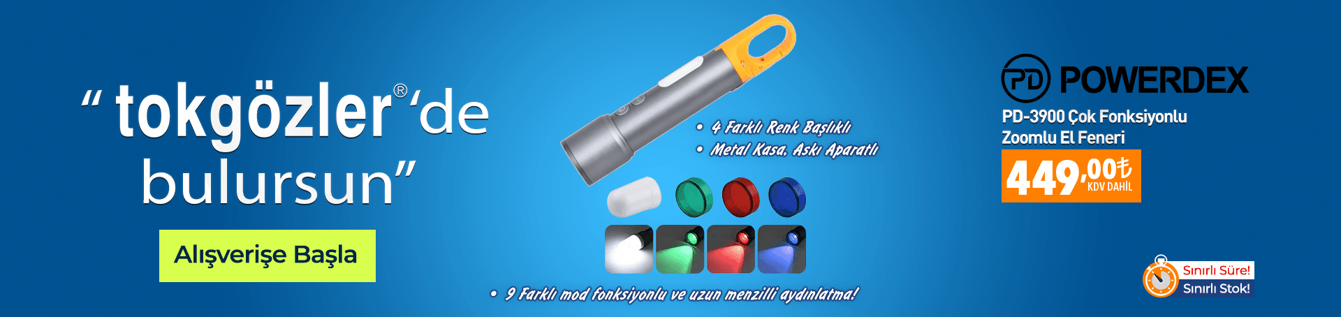 B1000585 - 28.06.2026 - Powerdex PD-3900 Çok Fonksiyonlu Zoomlu Şarjlı El Feneri