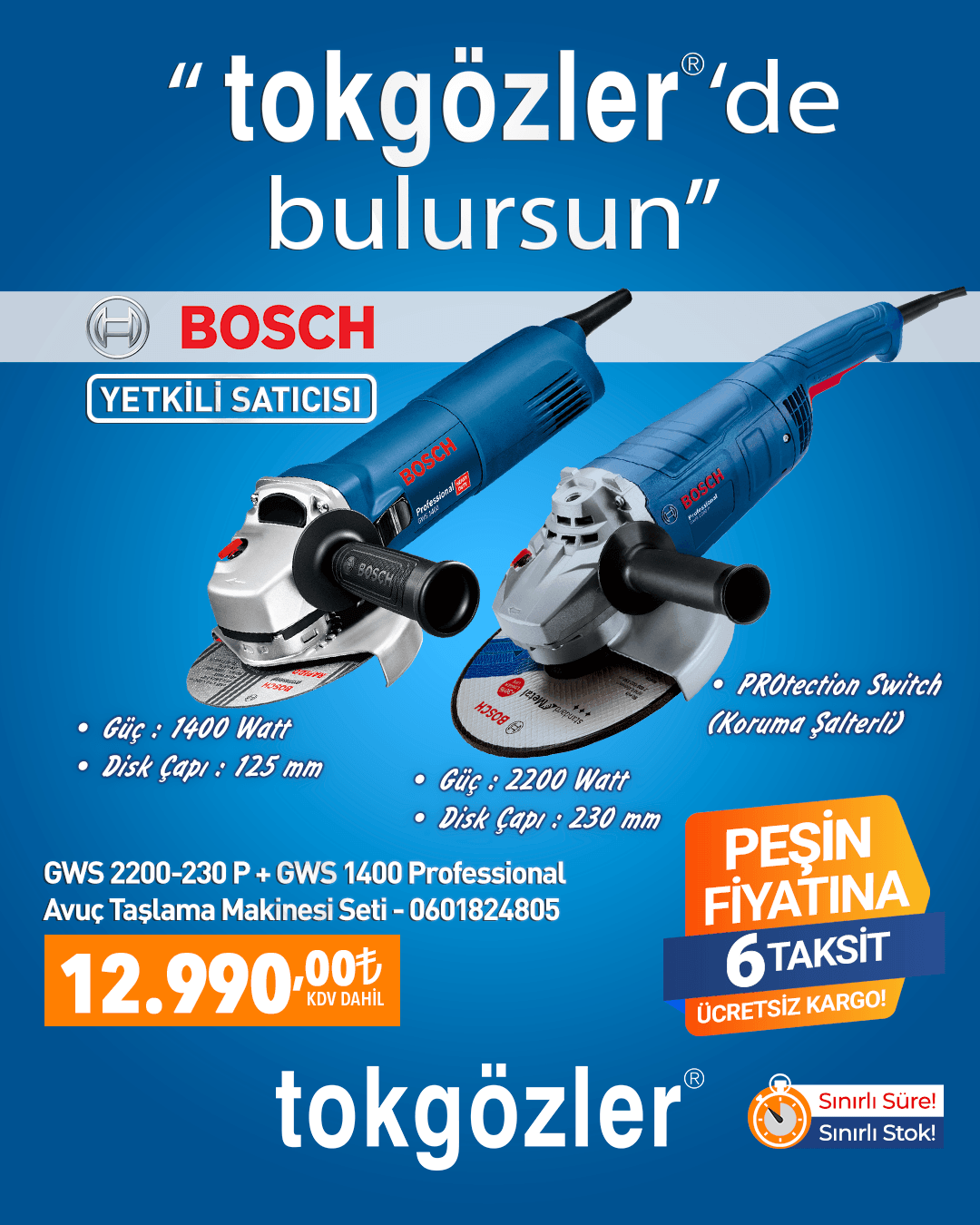 B1000586 - 01.07.2026 - Bosch GWS 2200-230 P + GWS 1400 Professional Avuç Taşlama Makinesi Seti - 0601824805