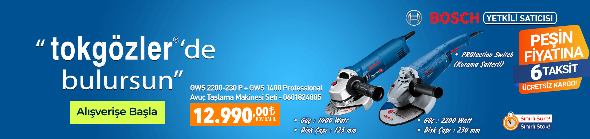 B1000586 - 01.07.2026 - Bosch GWS 2200-230 P + GWS 1400 Professional Avuç Taşlama Makinesi Seti - 0601824805