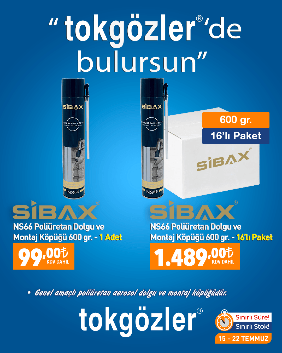 B1000590 - 15.07.2026 - Sibax NS66 Poliüretan Dolgu Köpüğü Montaj Köpük 600 gr ve 16-li Paket