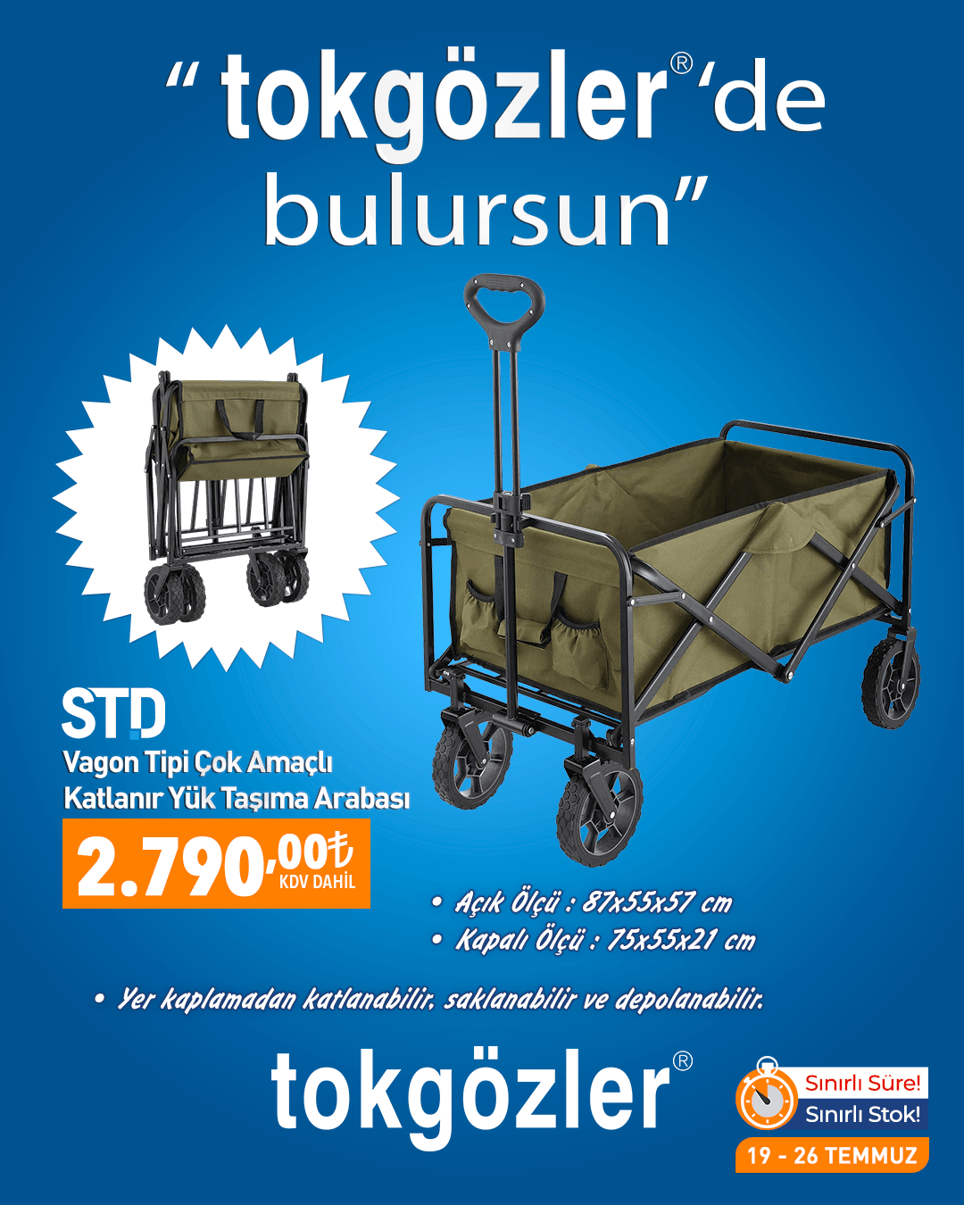 B1000591 - 19.07.2026 - Std Vagon Tipi Çok Amaçlı Katlanır Yük Taşıma Arabası