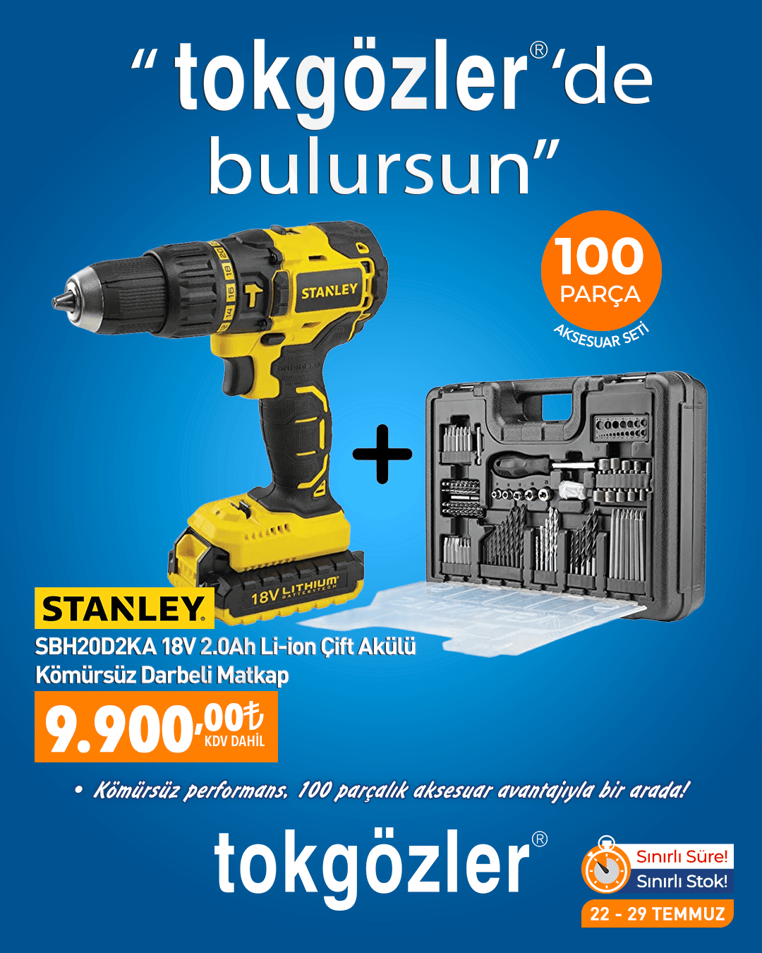 B1000592 - 22.07.2026 - Stanley SBH20D2KA Darbeli Matkap + 100 Parça Aksesuar Seti