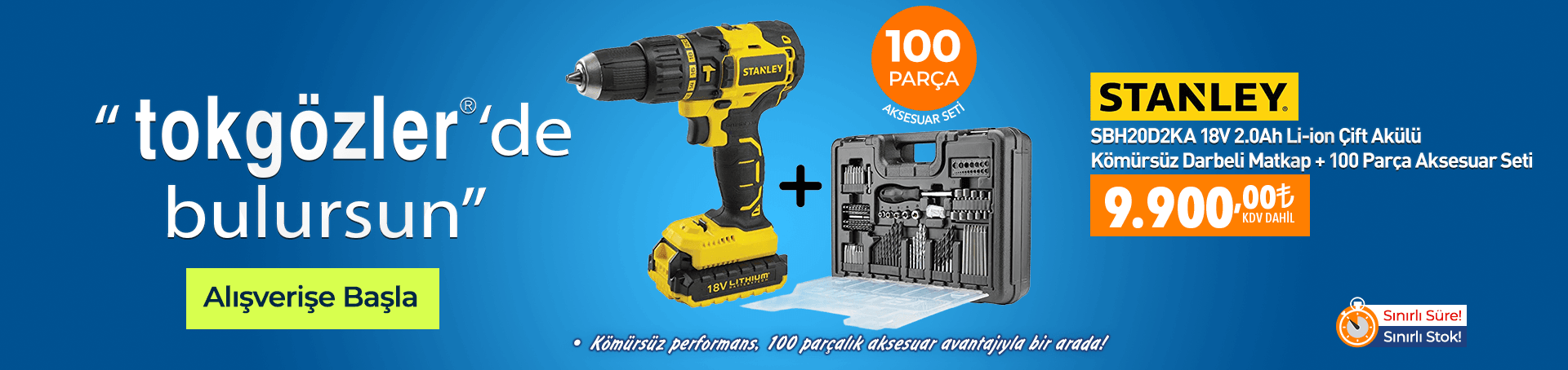 B1000592 - 22.07.2026 - Stanley SBH20D2KA Darbeli Matkap + 100 Parça Aksesuar Seti