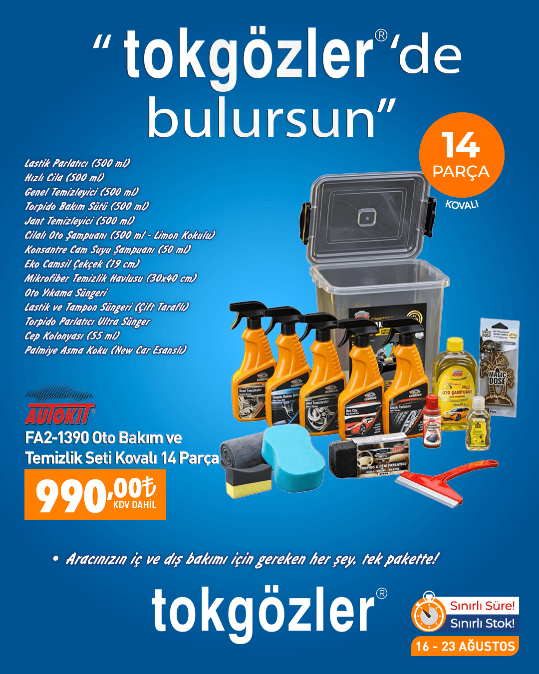 B1000599 - 16.08.2026 - Autokit FA2-1390 Oto Bakım ve Temizlik Seti Kovalı 14 Parça