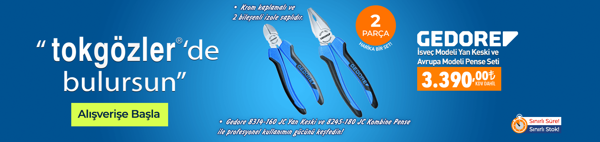 B1000601 - 23.08.2026 - Gedore Yan Keski ve Kombine Pense Seti 2 Parça