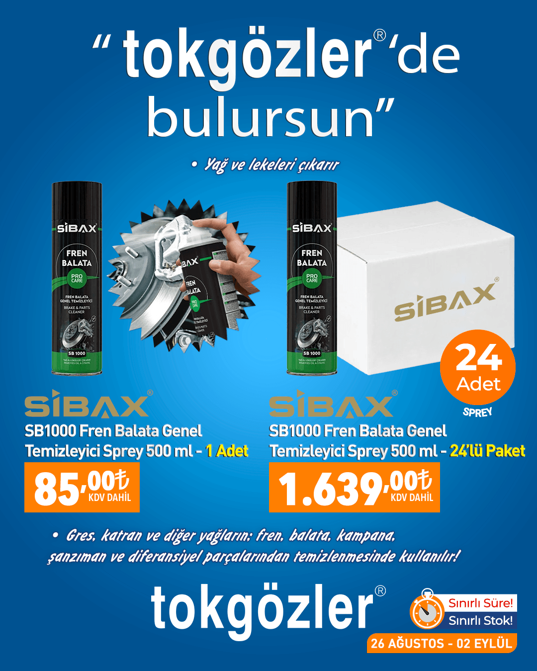 B1000602 - 26.08.2026 - Sibax SB1000 Fren Balata Genel Temizleyici Sprey 500 ml