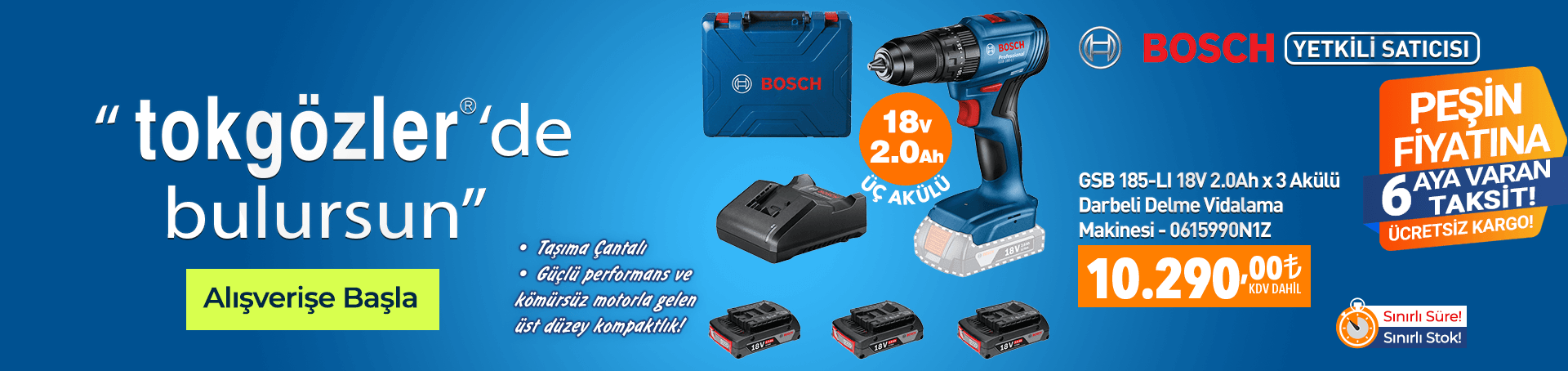 B1000607 - 13.09.2026 - Bosch Professional GSB 185-LI 18V 2.0Ah 3 Akülü Darbeli Vidalama Makinesi - 0615990N1Z