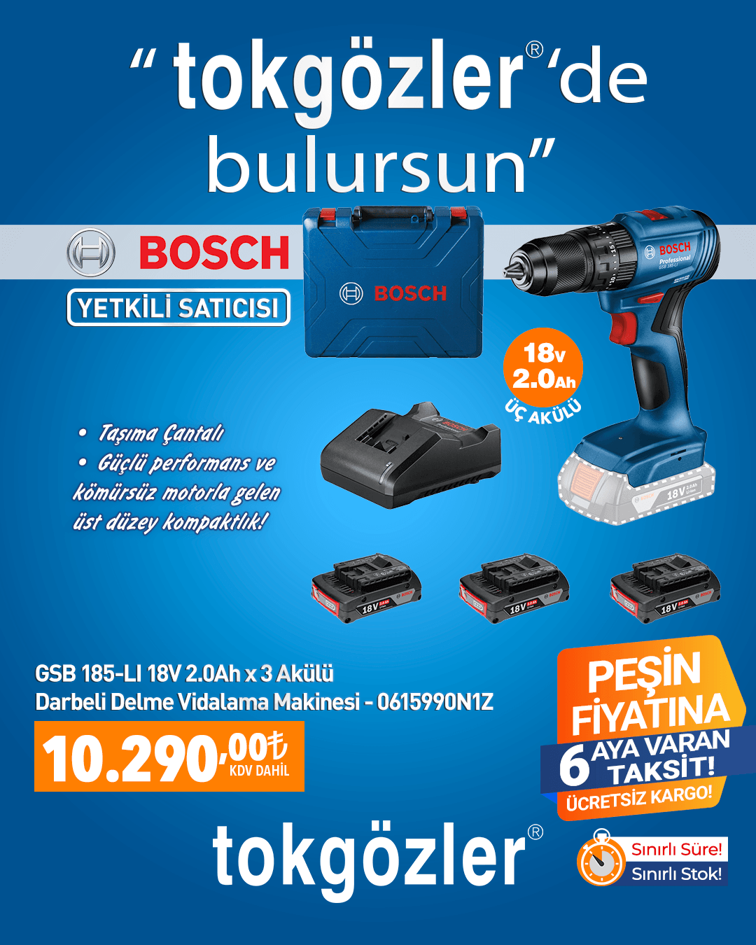 B1000607 - 13.09.2026 - Bosch Professional GSB 185-LI 18V 2.0Ah 3 Akülü Darbeli Vidalama Makinesi - 0615990N1Z