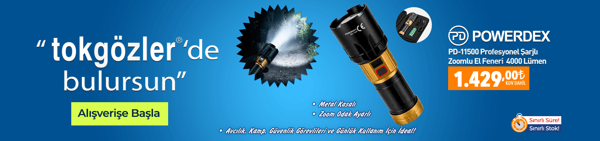 B1000609 - 20.09.2026 - Powerdex PD-11500 Profesyonel Şarjlı Zoomlu El Feneri 4000 Lümen