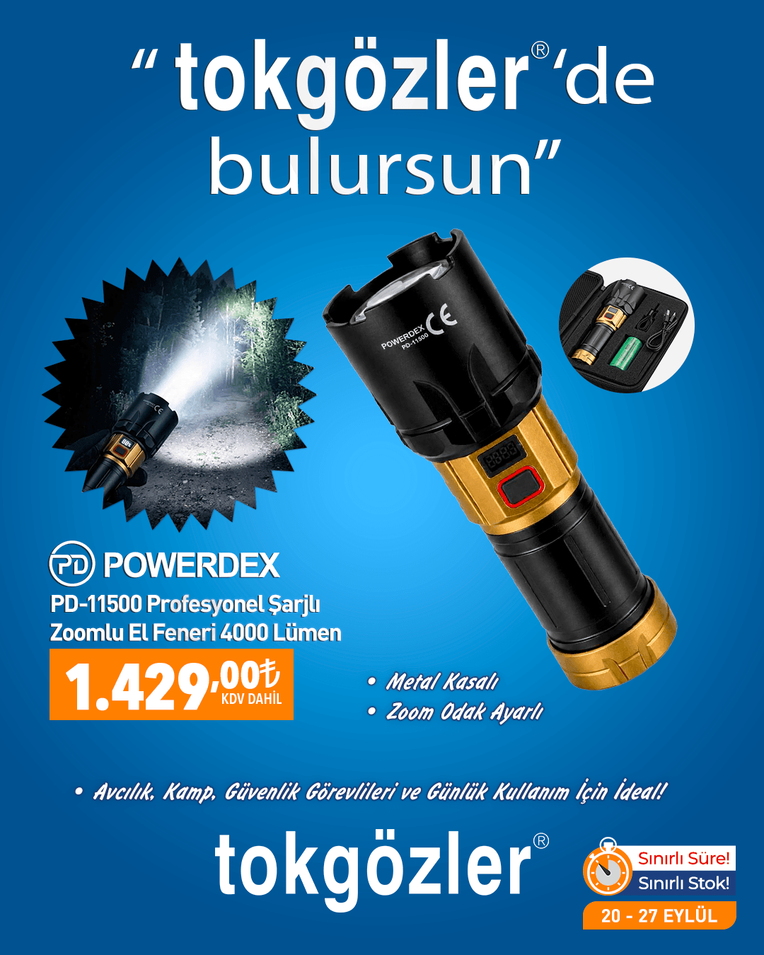 B1000609 - 20.09.2026 - Powerdex PD-11500 Profesyonel Şarjlı Zoomlu El Feneri 4000 Lümen