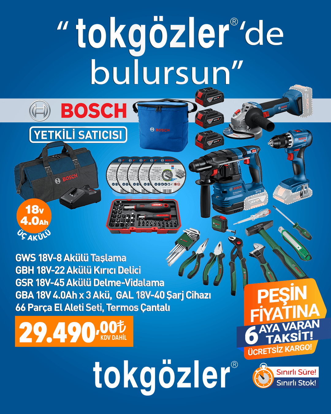 B1000611 - 27.09.2026 - Bosch GSR 18V-45 + GWS 18V-8 + GBH 18V-22 3x18V 4.0Ah Akülü Kombo Kit + 66 Parça El Aleti Seti + Termos Çantalı