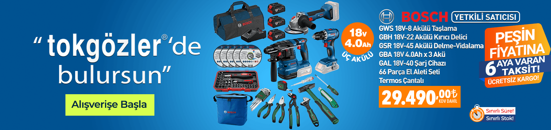 B1000611 - 27.09.2026 - Bosch GSR 18V-45 + GWS 18V-8 + GBH 18V-22 3x18V 4.0Ah Akülü Kombo Kit + 66 Parça El Aleti Seti + Termos Çantalı