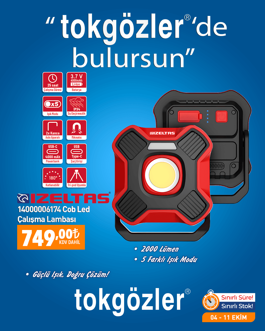 B1000613 - 04.10.2026 - İzeltaş 14000006174 2000 Lümen Cob Led Çalışma Lambası