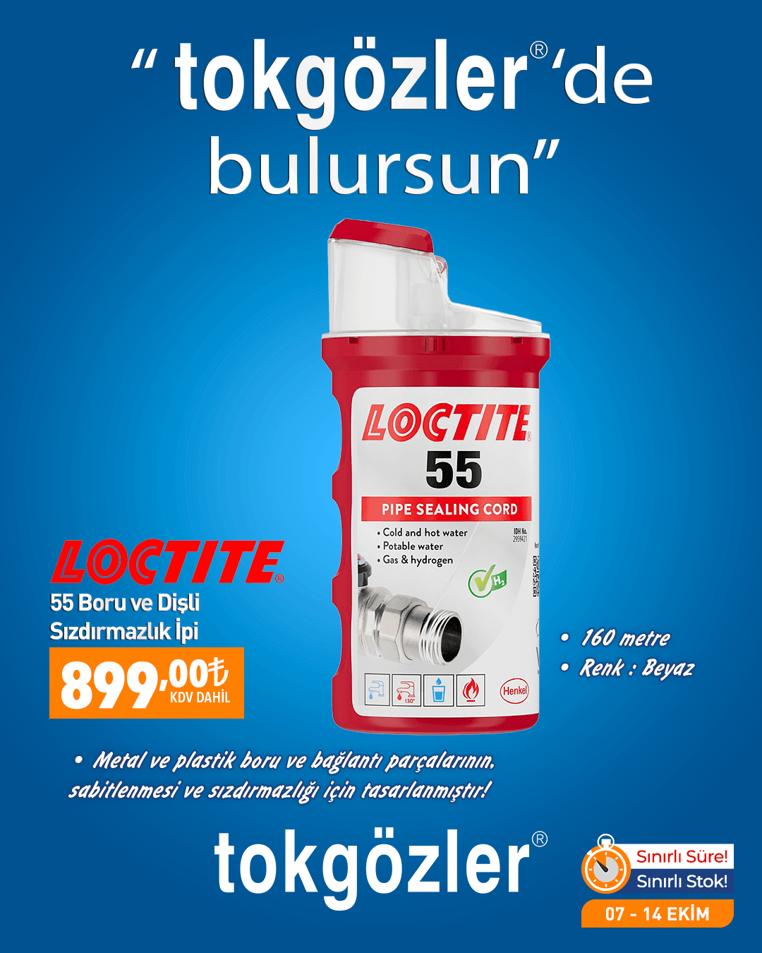 B1000614 - 07.10.2026 - Loctite 55 Boru ve Dişli Sızdırmazlık İpi 160 metre
