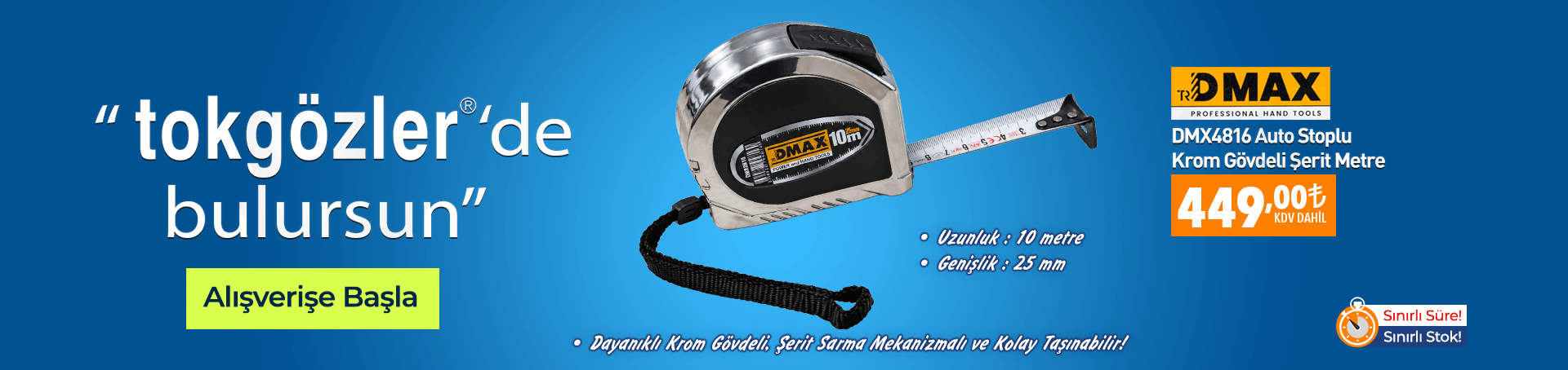 B1000615 - 11.10.2026 - Dmax DMX4816 Auto Stoplu Krom Gövdeli Şerit Metre 10 mt. (10 mt x 25 mm)