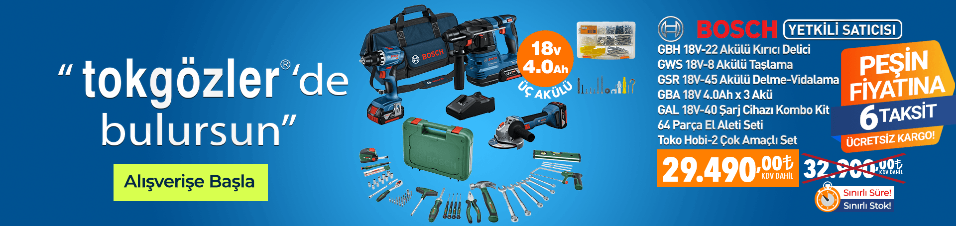 B1000999 - 11.02.2026 - Bosch GSR 18V-45 + GWS 18V-8 + GBH 18V-22 3x4.0Ah Akülü Kombo Kit + 64 Parça Alet Seti + Toko Hobi-2 Set