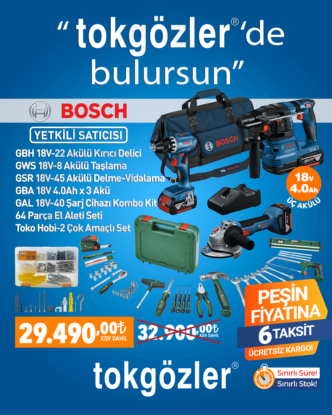 B1000999 - 11.02.2026 - Bosch GSR 18V-45 + GWS 18V-8 + GBH 18V-22 3x4.0Ah Akülü Kombo Kit + 64 Parça Alet Seti + Toko Hobi-2 Set
