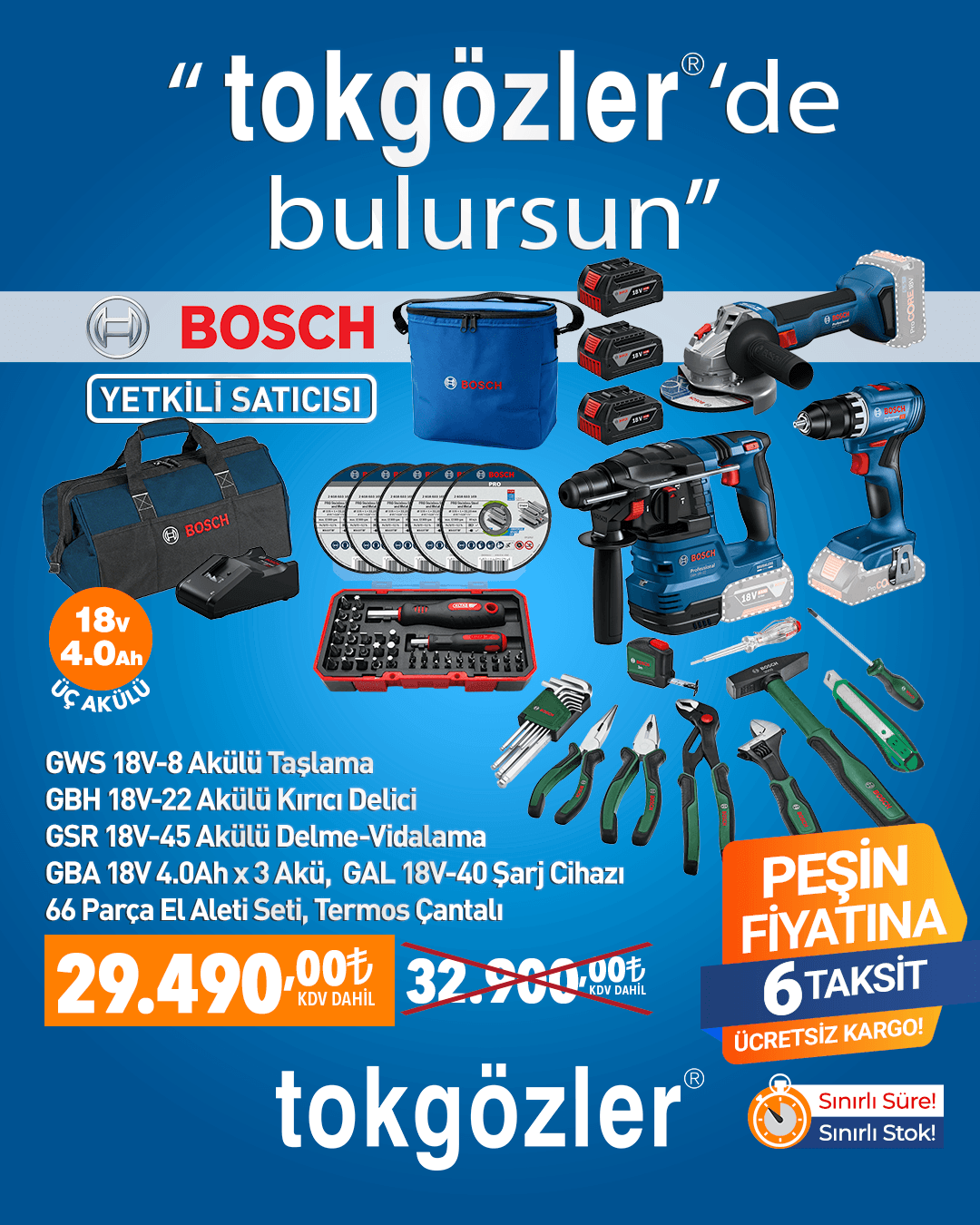 Bosch GSR 18V-45 + GWS 18V-8 + GBH 18V-22 3x18V 4.0Ah Akülü Kombo Kit + 66 Parça El Aleti Seti + Termos Çantalı