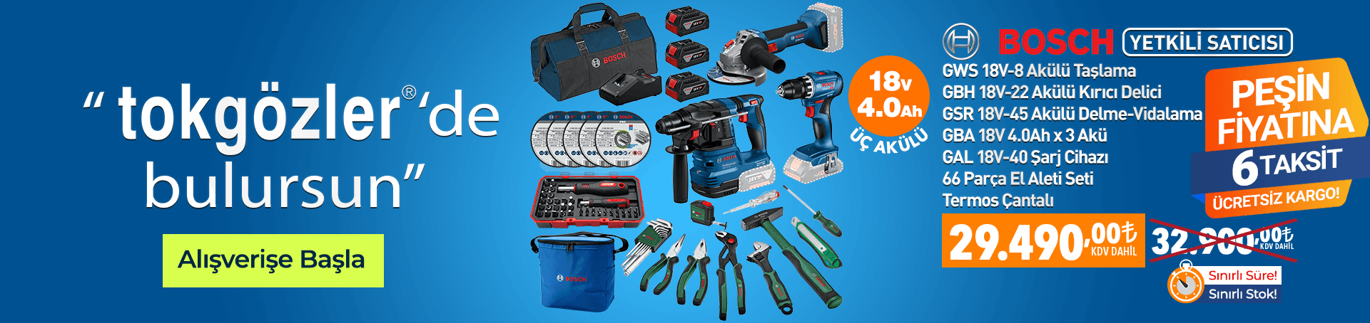 Bosch GSR 18V-45 + GWS 18V-8 + GBH 18V-22 3x18V 4.0Ah Akülü Kombo Kit + 66 Parça El Aleti Seti + Termos Çantalı