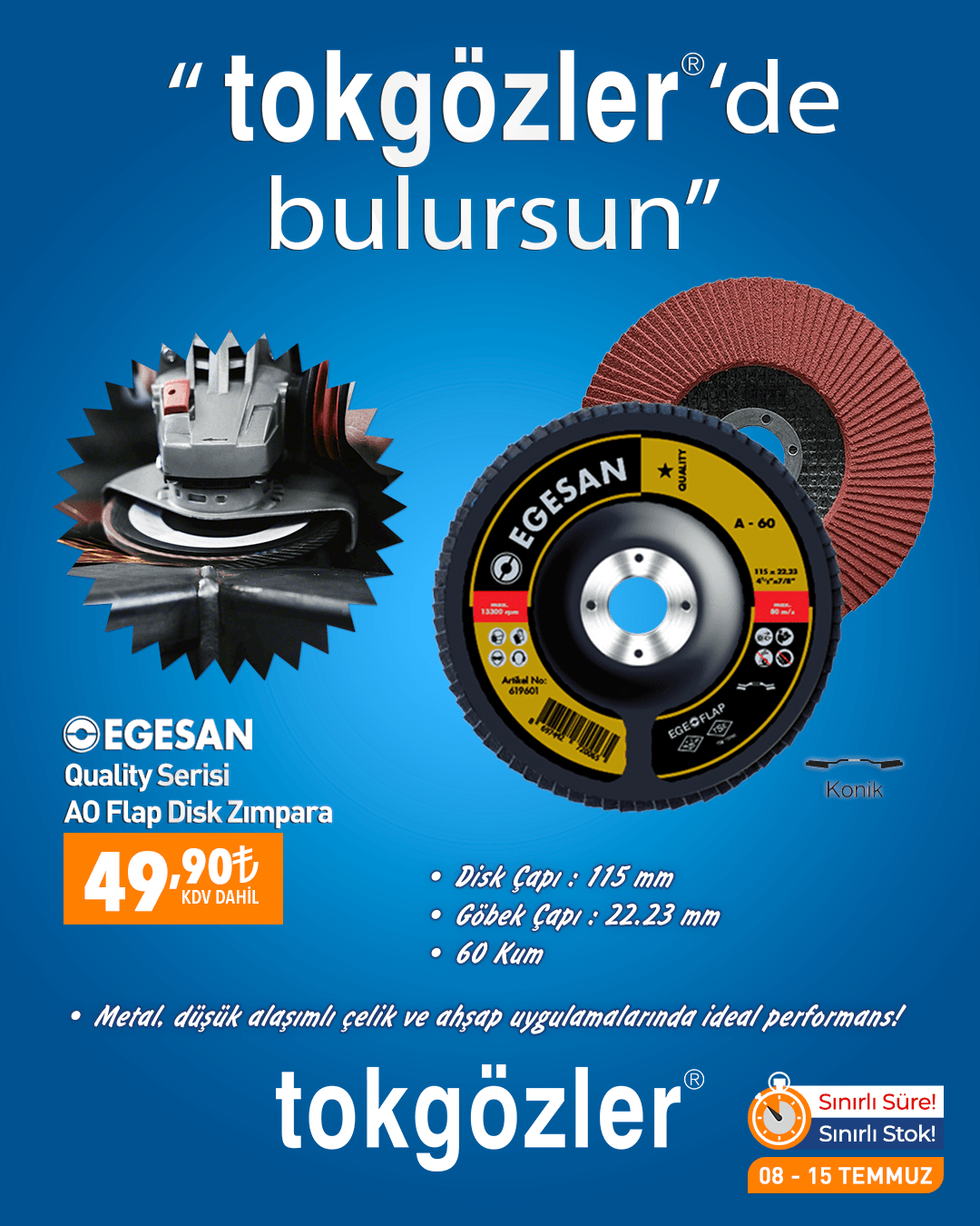 Egesan 115x22.23 Quality Serisi AO Flap Disk Zımpara 60 Kum 590048