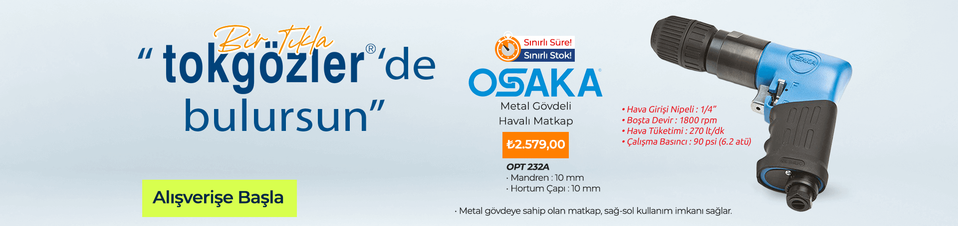 Osaka OPT 232A Metal Gövdeli 10 mm Havalı Matkap Sağ-Sol