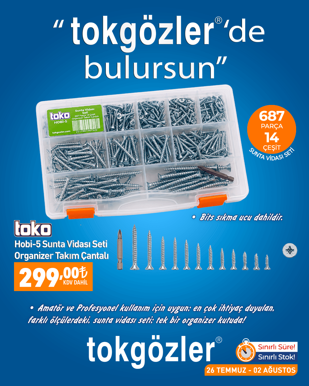 Toko Hobi-5 Sunta Vidası Seti 687 Parça 14 Çeşit, Bits Uç ve Organizer Takım Çantalı