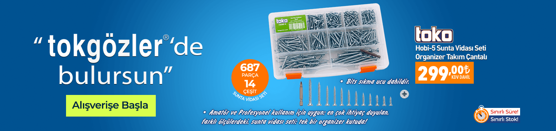 Toko Hobi-5 Sunta Vidası Seti 687 Parça 14 Çeşit, Bits Uç ve Organizer Takım Çantalı