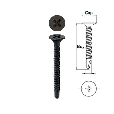 3.5x45 Borazan Başlı Matkap Uçlu Alçıpan Vidası Siyah
