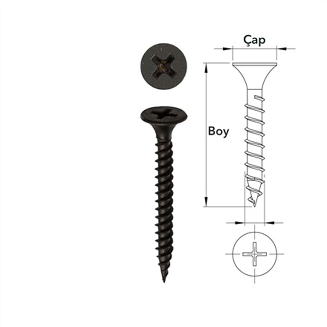 3.5x45 Borazan Başlı Sivri Uçlu Seyrek Dişli Alçıpan Vidası Siyah